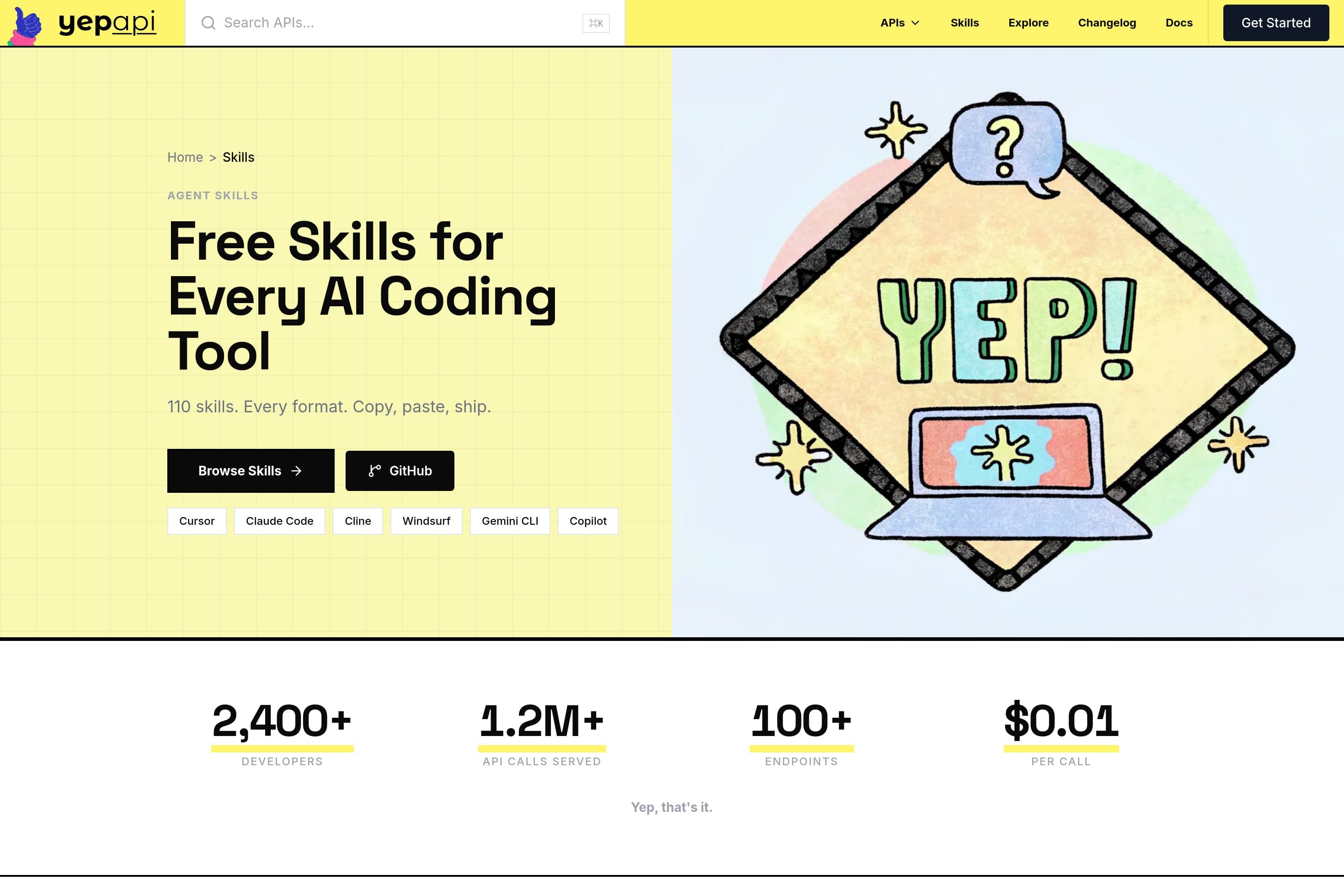 110 Free Agent Skills — AI Agent Tools, Cursor Rules & Claude Code Skills | YepAPI - Image 1